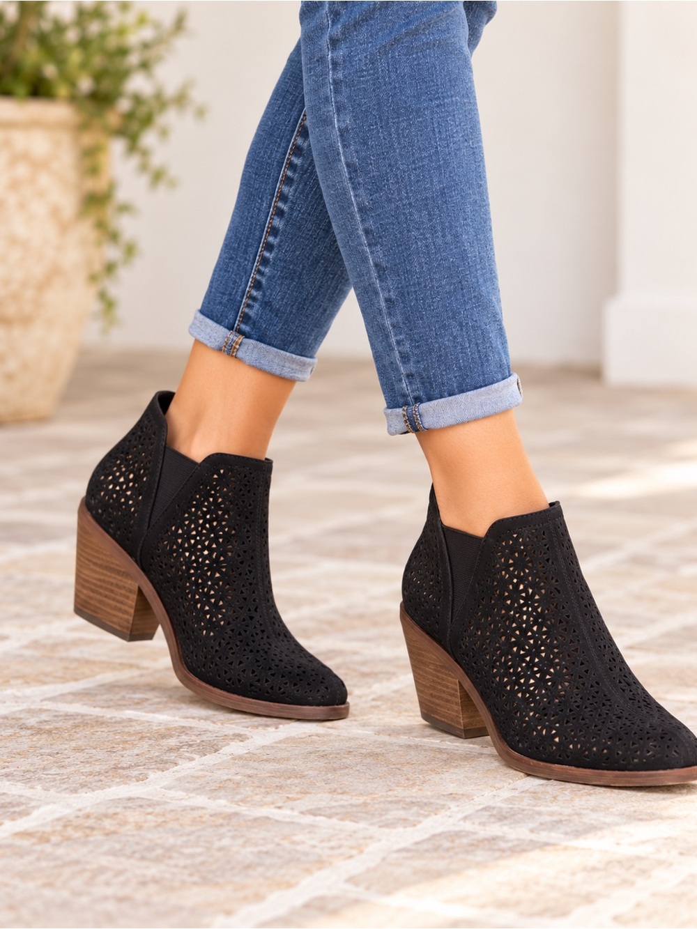 Vince Camuto Black Perforated Ankle Booties Wood Block Heel